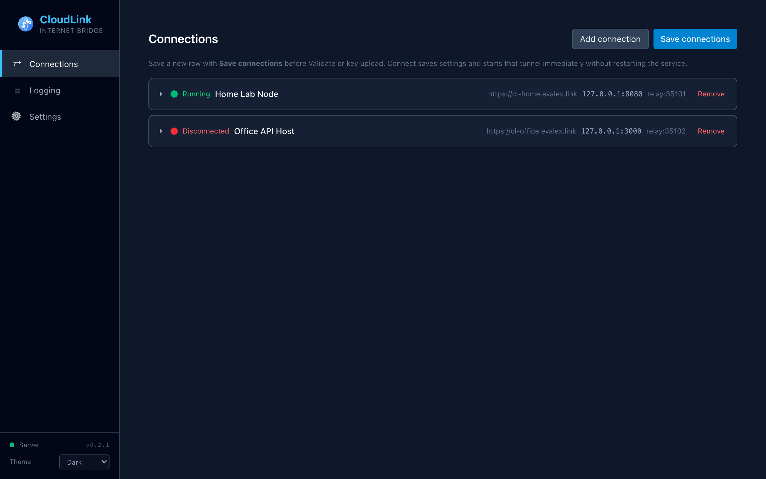 CloudLink Connections page showing multiple server links