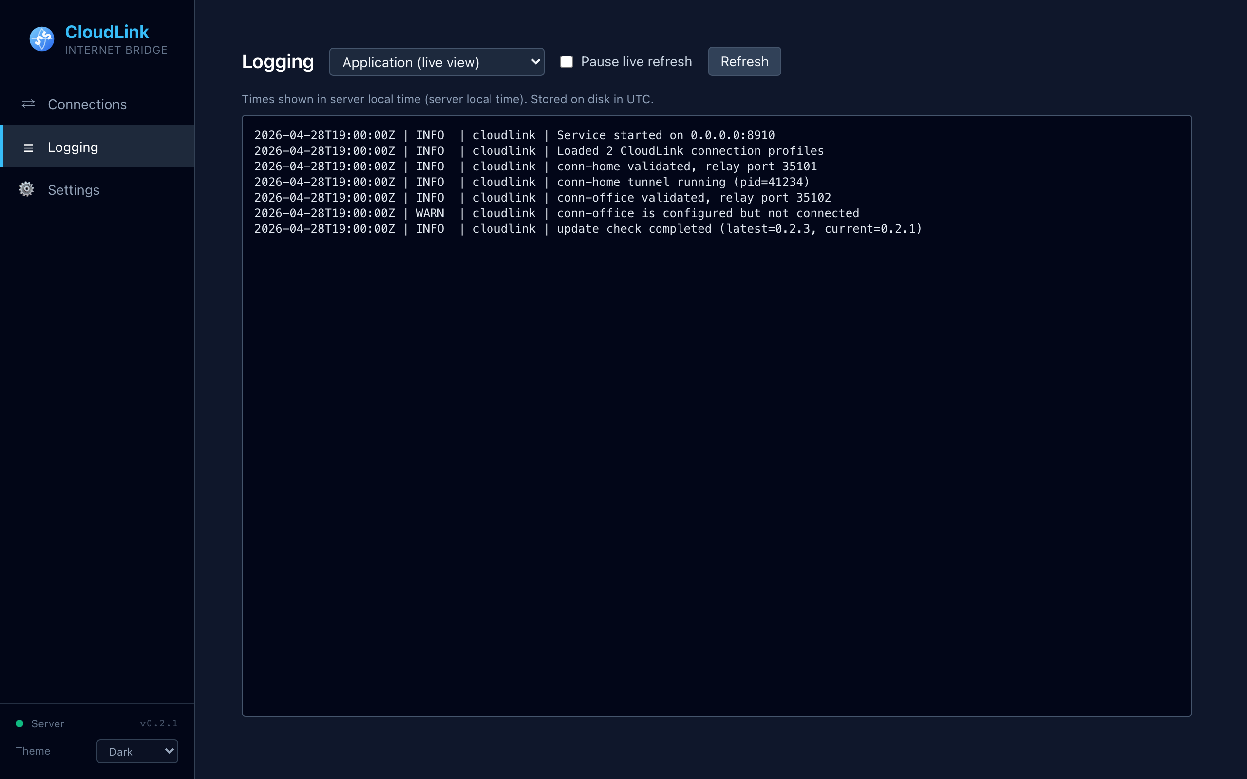 CloudLink Logging page