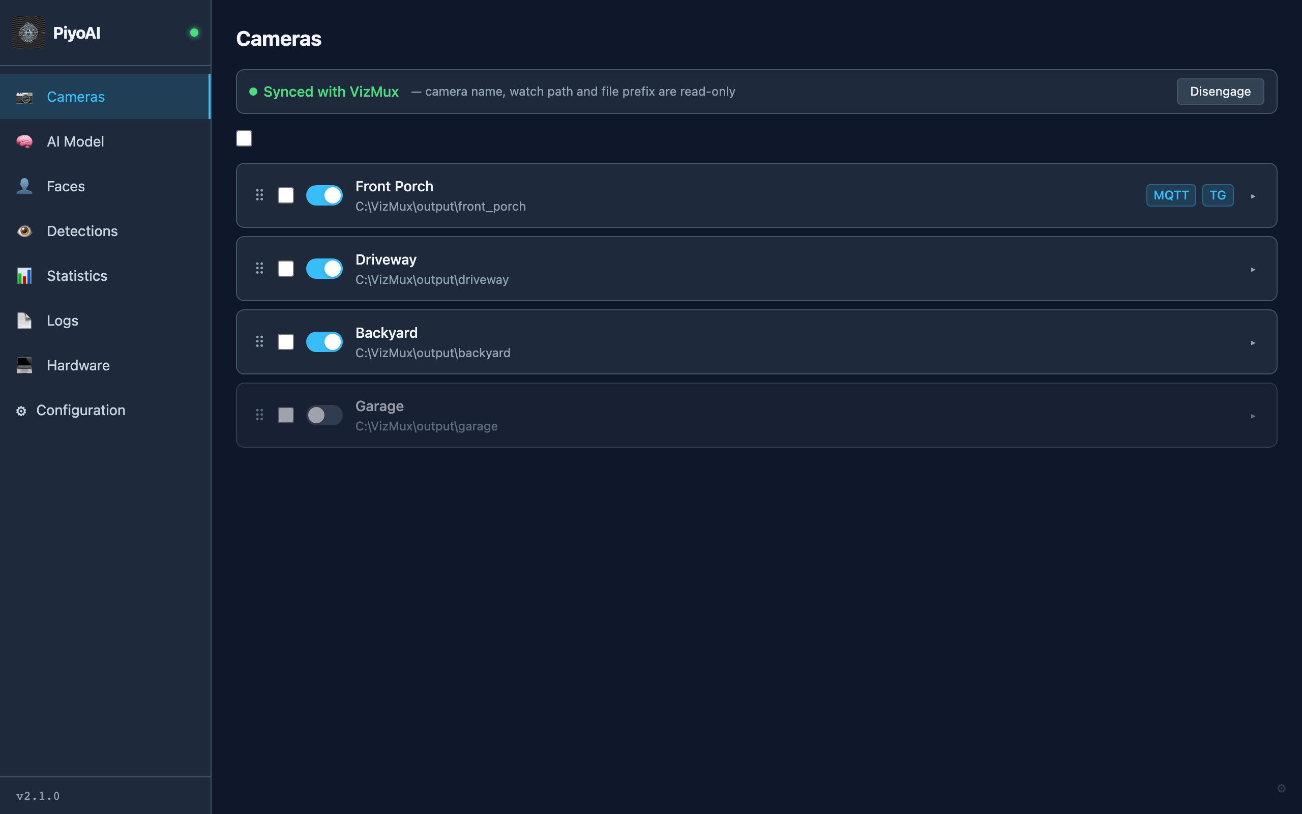 PiyoAI Cameras — per-camera detection and notification settings