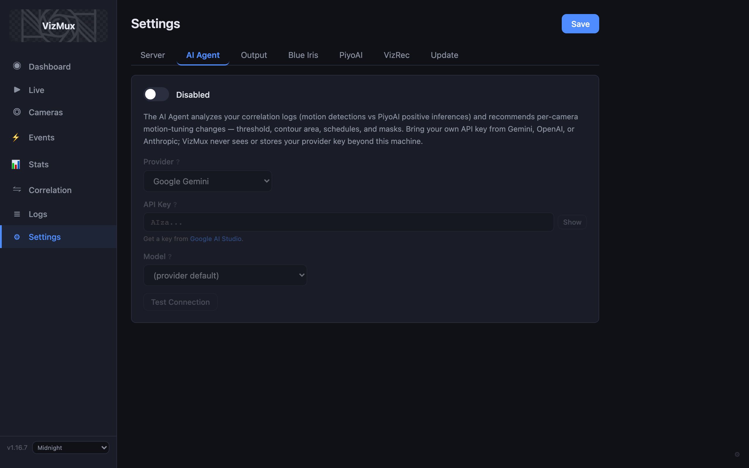 VizMux Settings — AI Agent