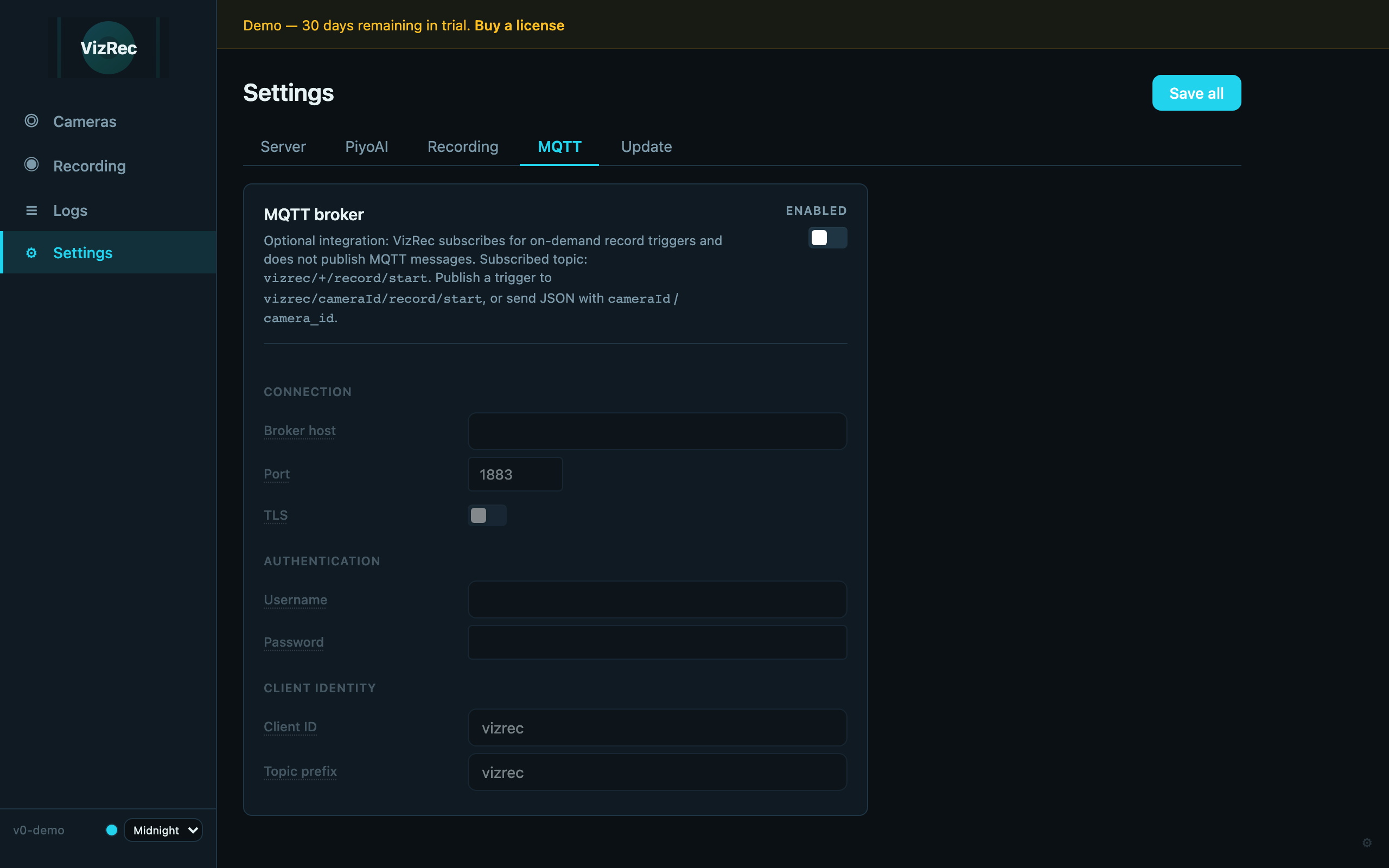 VizRec MQTT settings