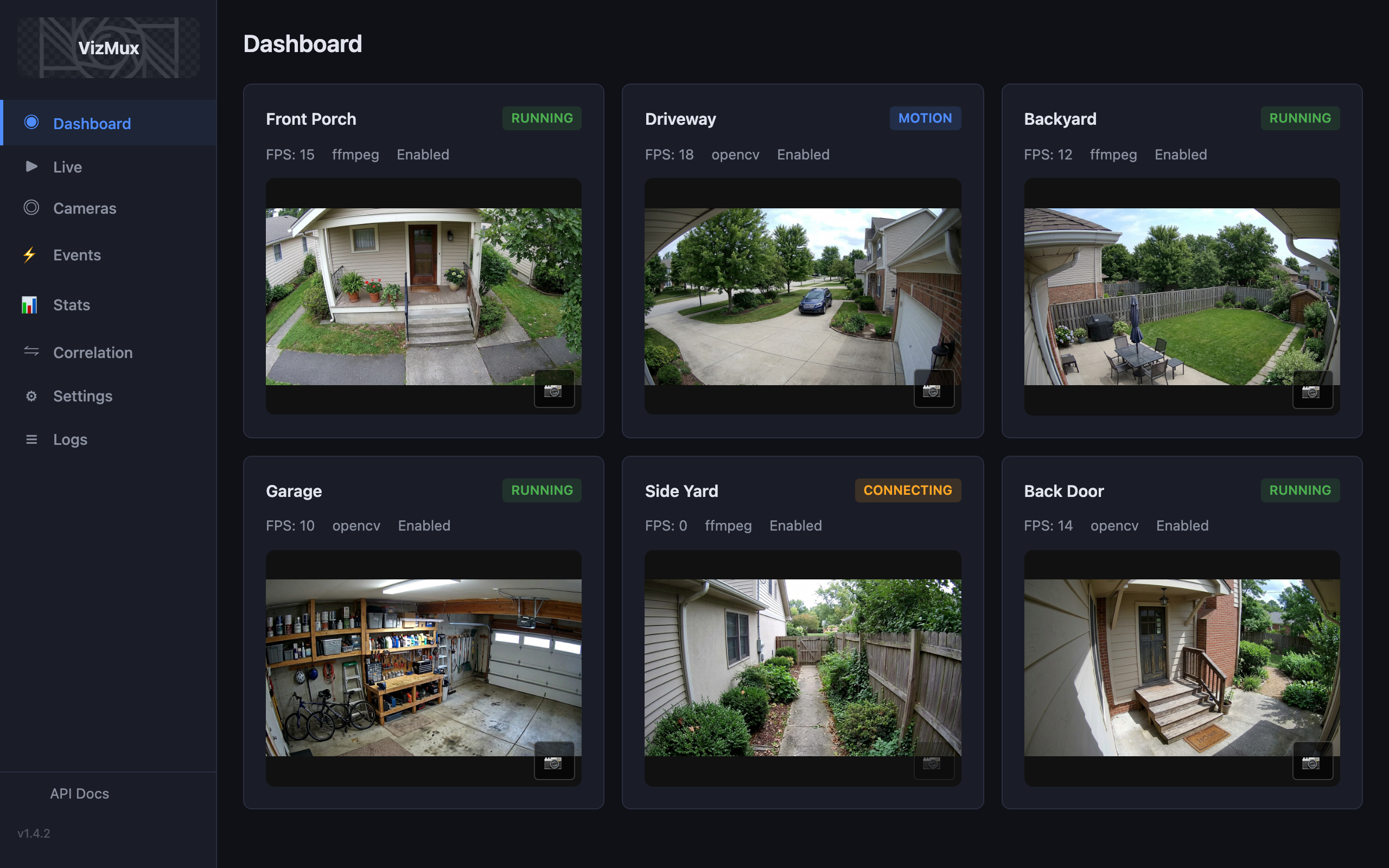 VizMux Dashboard — multi-camera grid with live status