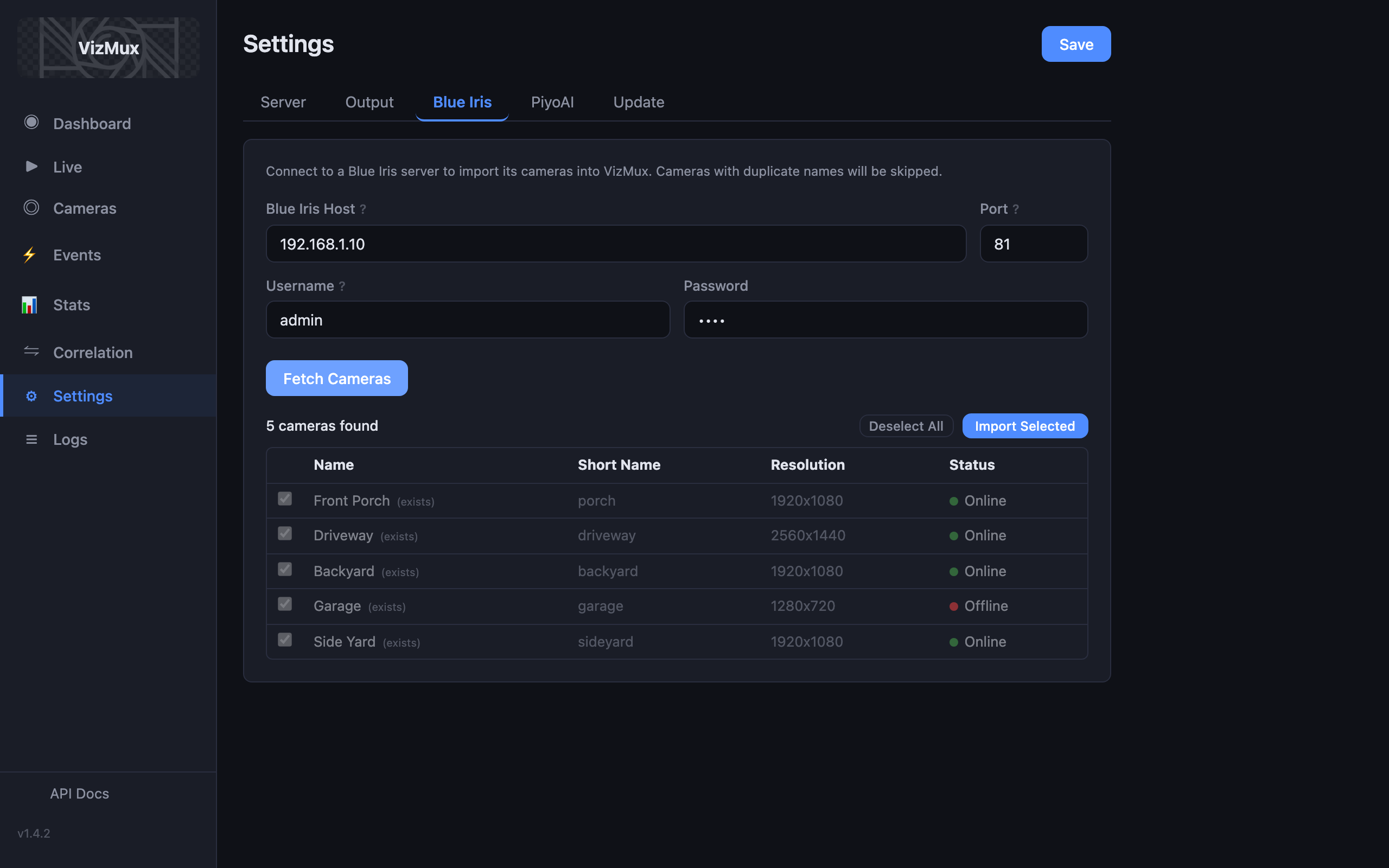 VizMux Settings — Blue Iris Import